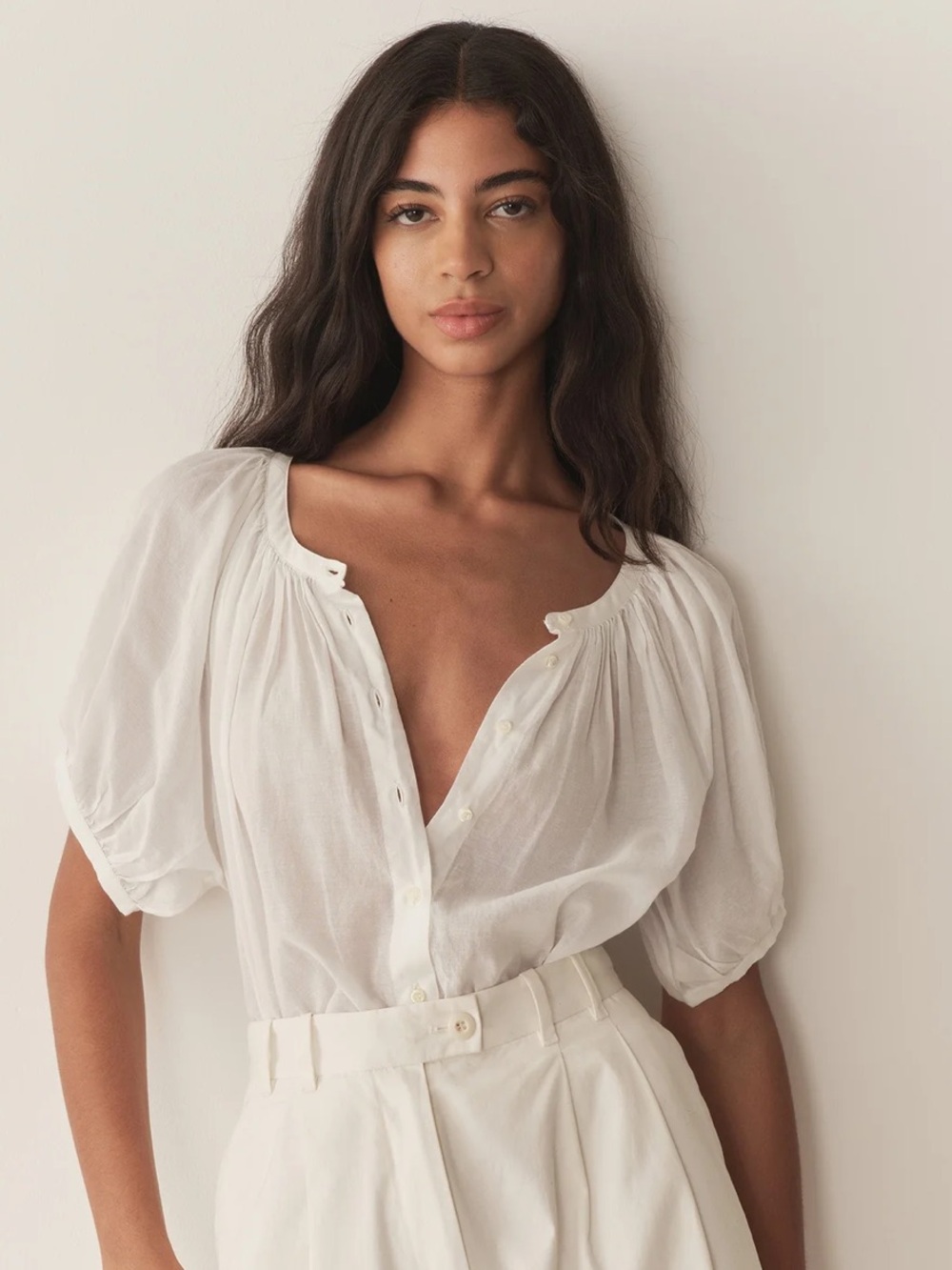 Doen June Top Blouse Medium in Salt puff sleeve button down